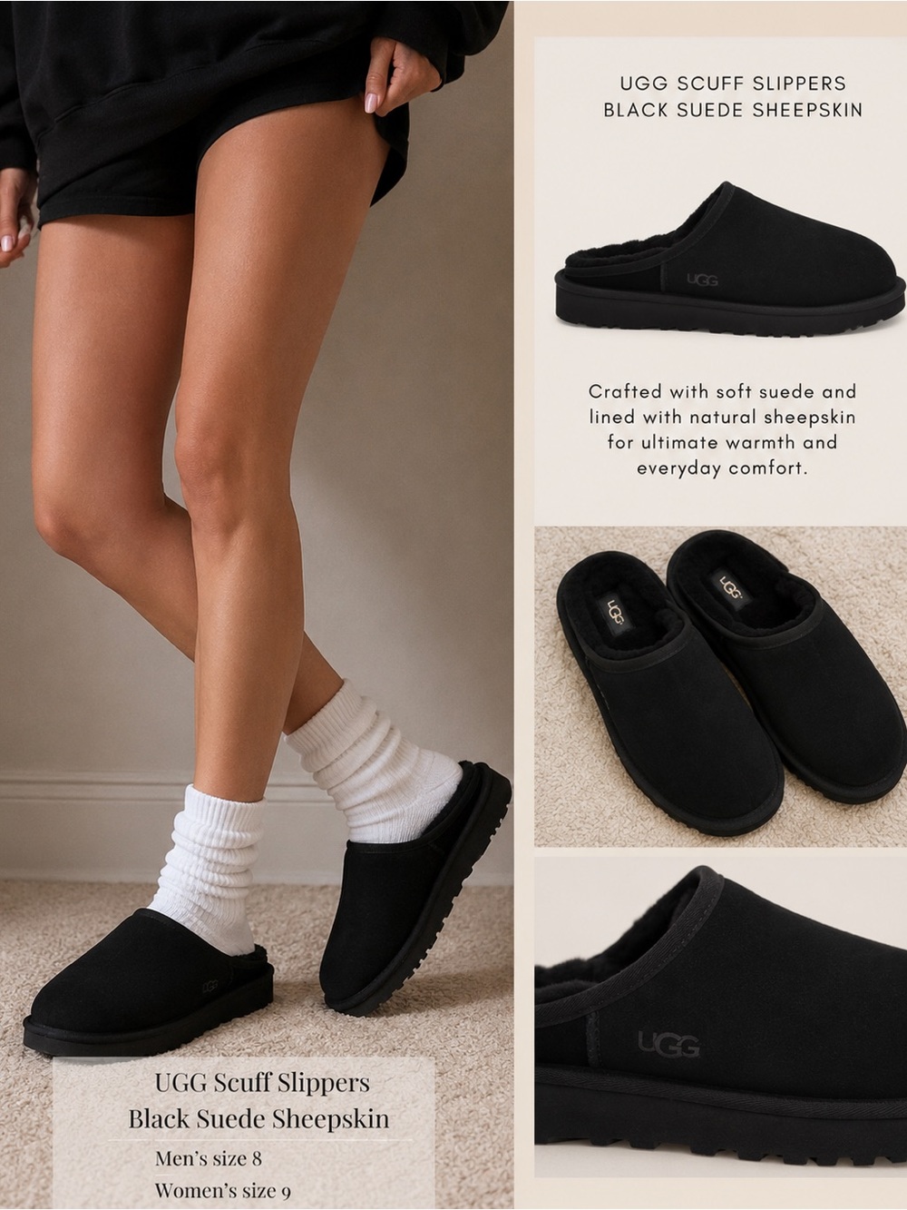 UGG Scuff Slippers Black Suede Sheepskin | Women’s size 9